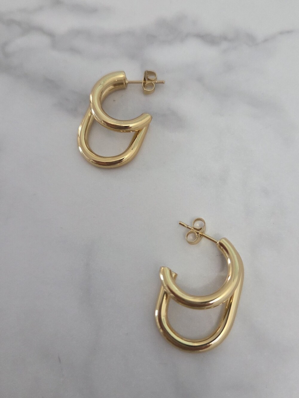 Gold Double Hoop Earrings Chubby Oval Huggie Hoops Statement - Picture 4 of 12